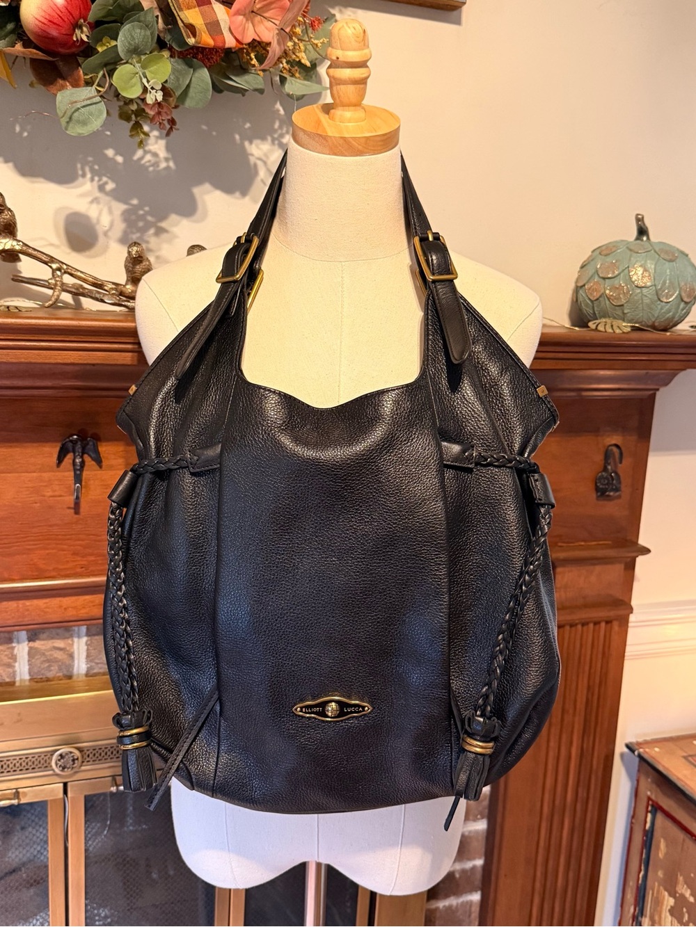 Elliott Lucca Black Pebbled Leather Hobo Bag Braided Tassels Boho Shoulder Purse